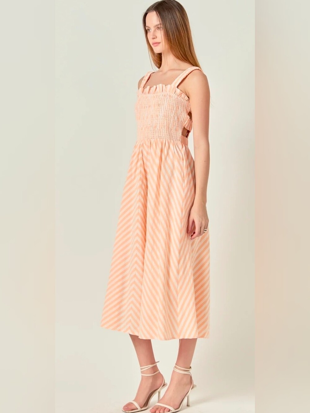 English Factory Peach and White Striped Smocked Midi Dress